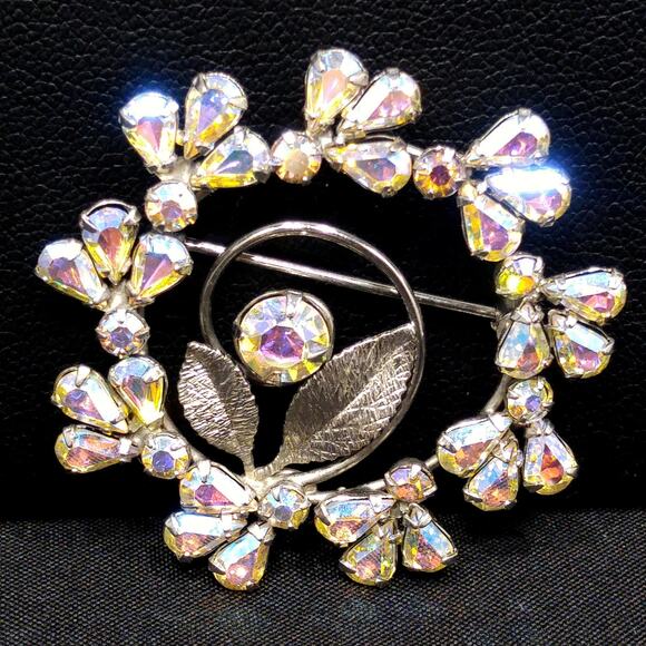 Vintage Sterling Silver Rhinestone Wreath Brooch, AB Rhinestones - Picture 4 of 10